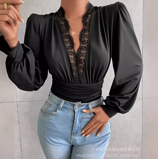 Sexy Bodysuits Women Long Sleeve Lace Floral Embroidery Patchwork Splice Deep V-Neck Lantern Sleeve One Piece Rompers Black