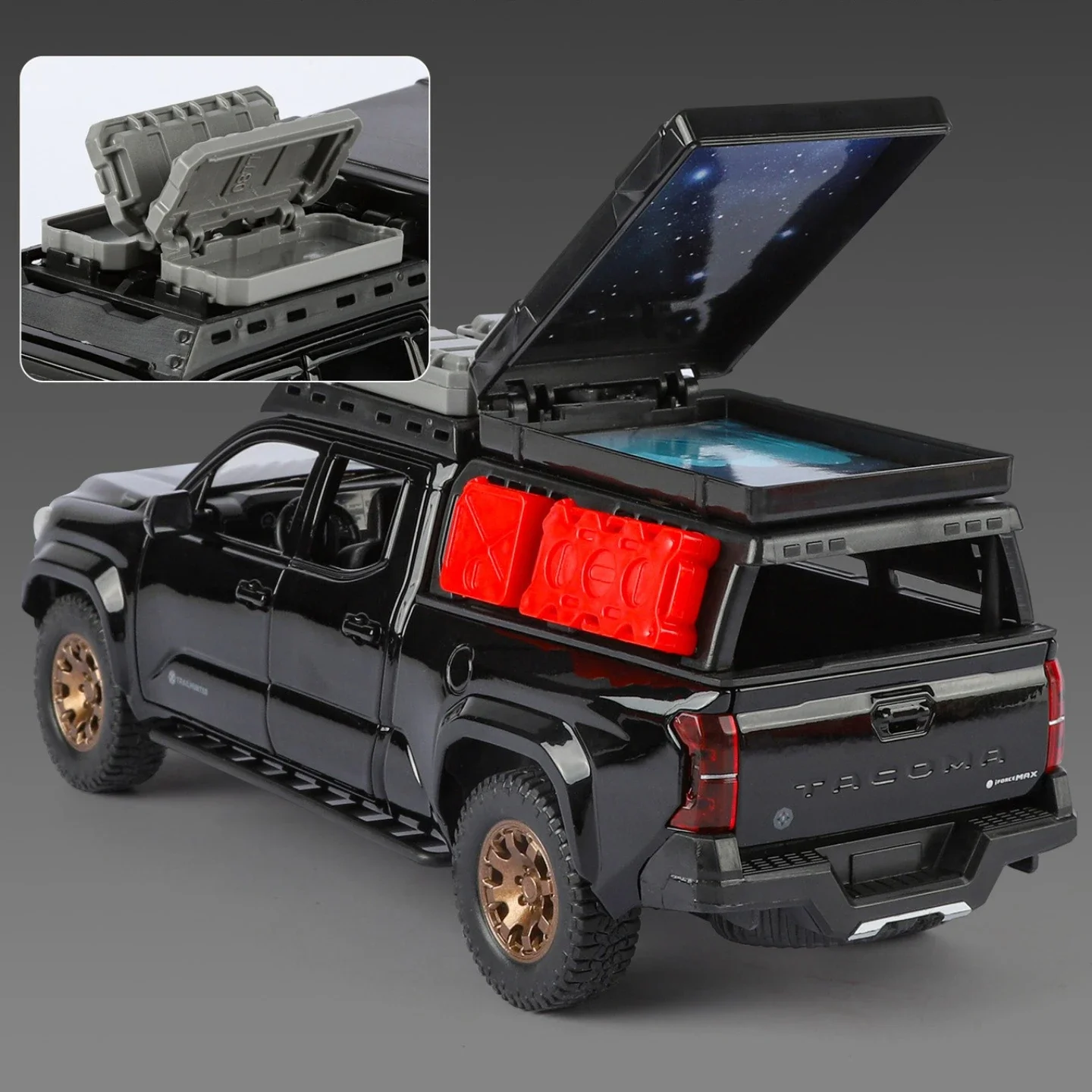 1:24 TACOMA Pickup RV vehículo todoterreno coche en miniatura de aleación sonido y luz tirar hacia atrás juguete para niños coleccionables regalo de cumpleaños
