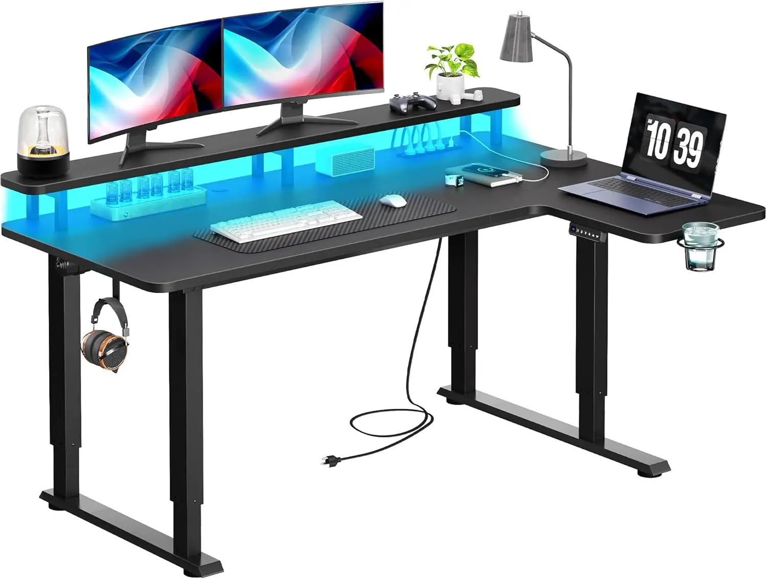 Bureau sur pied en forme de L avec prises de courant et lumières LED, 63x43 pouces, bureau sur pied électrique réglable avec support pour moniteur