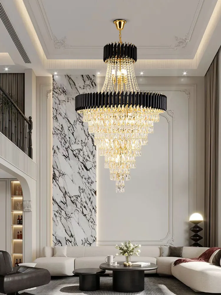 2024 Trendy Crystal Black Staircase Chandelier Lighting Hanging Light Lustre Suspension Luminaire Lampen For Foyer Entry Way