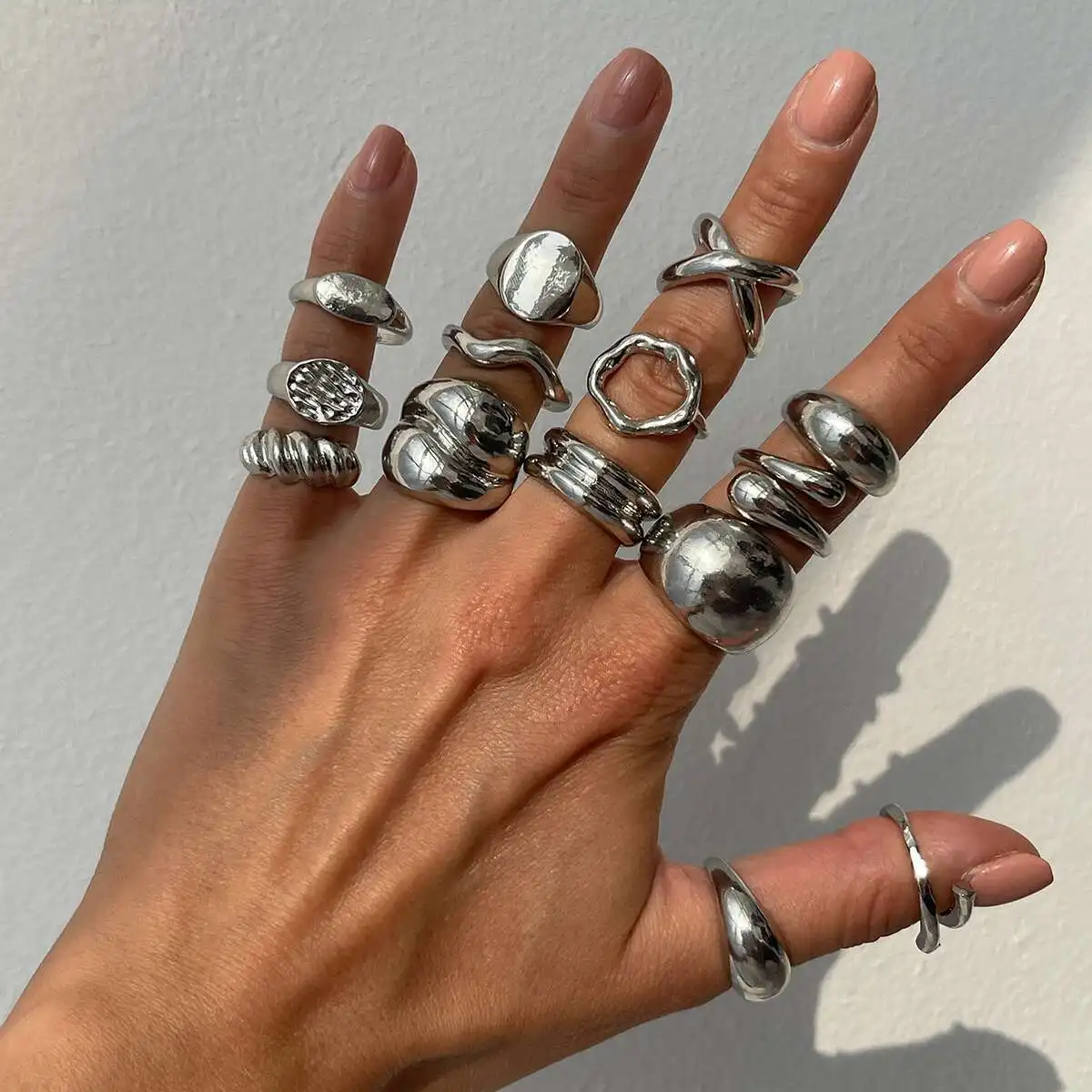 Salircon 14Pcs/Set Unique Creative Smooth Water Drop Rings for Women 2025 Punk Geometric Adjustable Finger Ring Couple Jewelry image 3