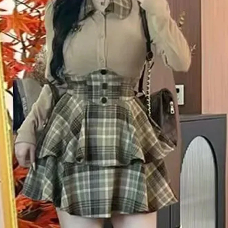 Streetwear Plaid Mini Skirt Women Korean Double Deck High Waist A Line Skirt Ladies Summer Chic Cake Pleated Short Skirt Mujer