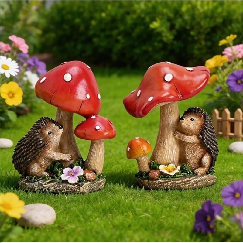 Cute Hedgehog Mushroom Resin Ornament Mini Micro Landscape Statue Waterproof Indoor Outdoor Garden Courtyard Lawn Decor Crafts