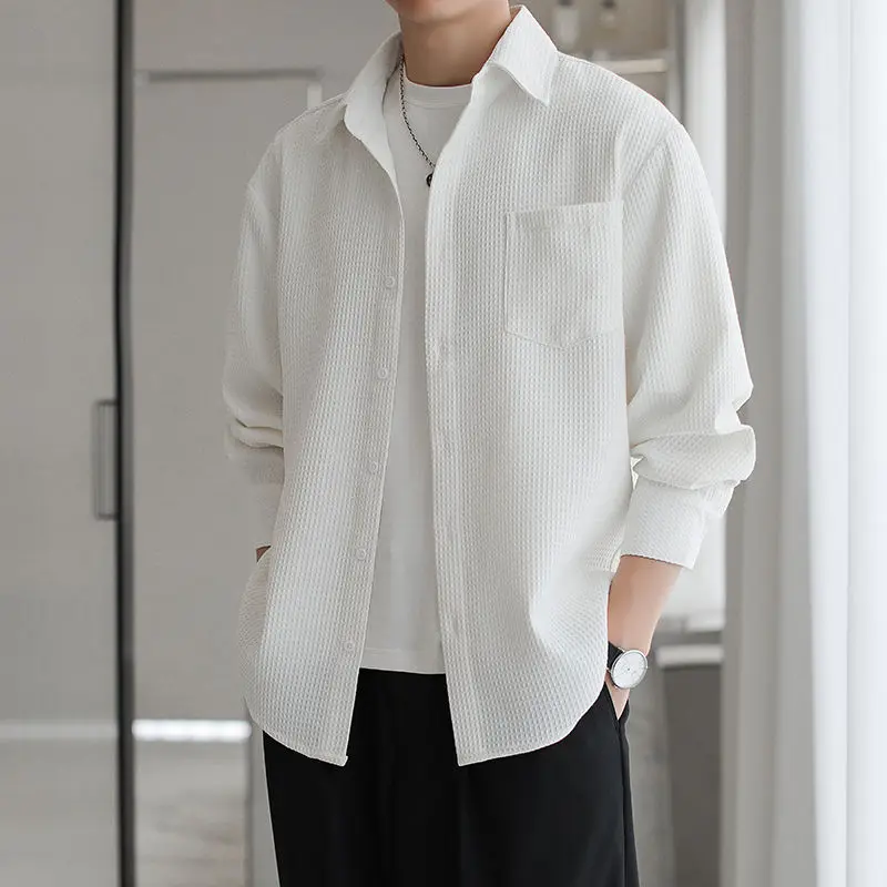 Spring Autumn Fashion Turn-down Collar Long Sleeve Solid Blouse Men's Clothing Korean All-match Button Simplicity Chic Shirts