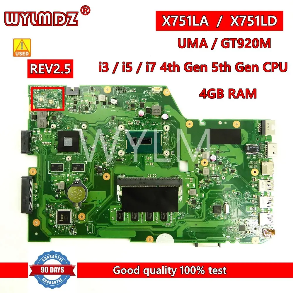 

X751LD i3/ i5/i7CPU 4GB GT820M/2G Mainboard For Asus X751L X751LAB R752L R752LD R752LN X751LD X751LJ Laptop Motherboard