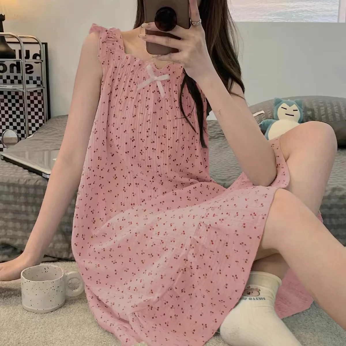 Sweet Kawaii Nightgowns Women Sleeveless Printed Loose Above Knee Korean Style Summer Students Cute Night Homewear Leisure BF image 4