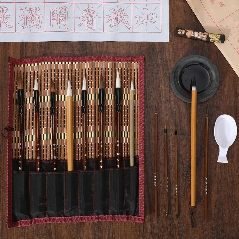 31 Pcs Chinese Calligraphy Set Brush Gift For Beginner Including Brushes, Ink Sticks, Ink Stones, Paperweights