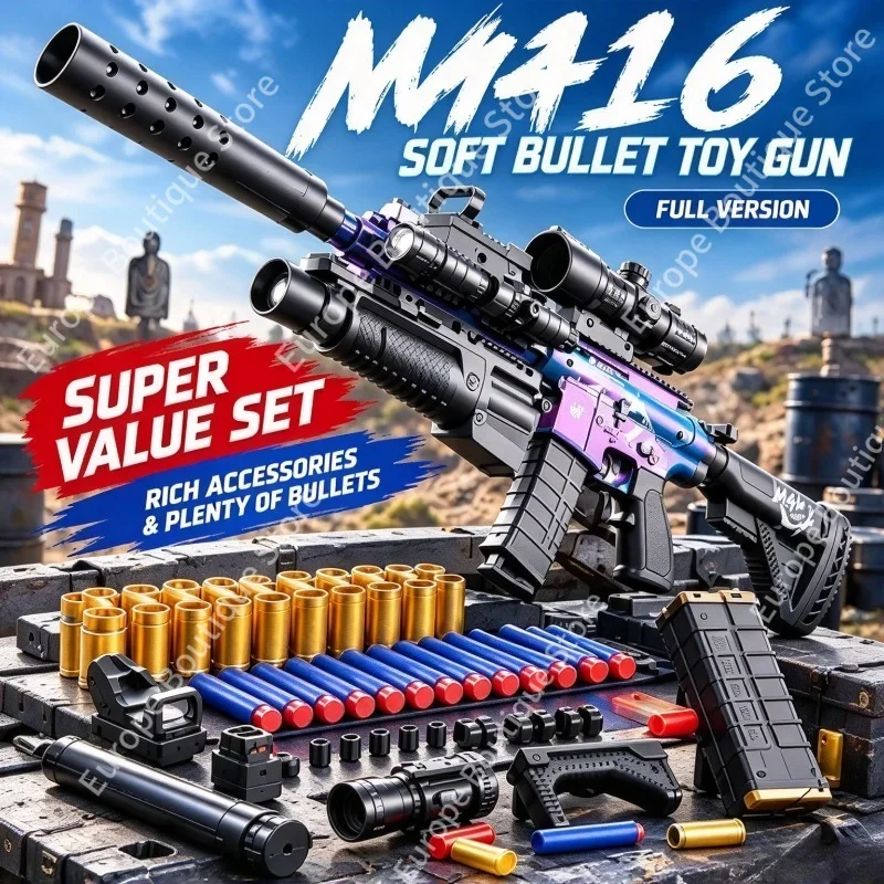 Newly Upgraded Manual Bolt Throwing Shell M416 Soft Bullet Gun Children's Simulation Rifle Shooting Battle Game Toy