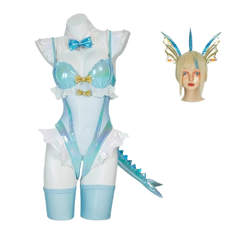 

Anime Women PM Derivative Lingerie Bodysuit Blue White Furry Heart Hollow Top and Panty with Cloak Headpiece Cosplay Costume