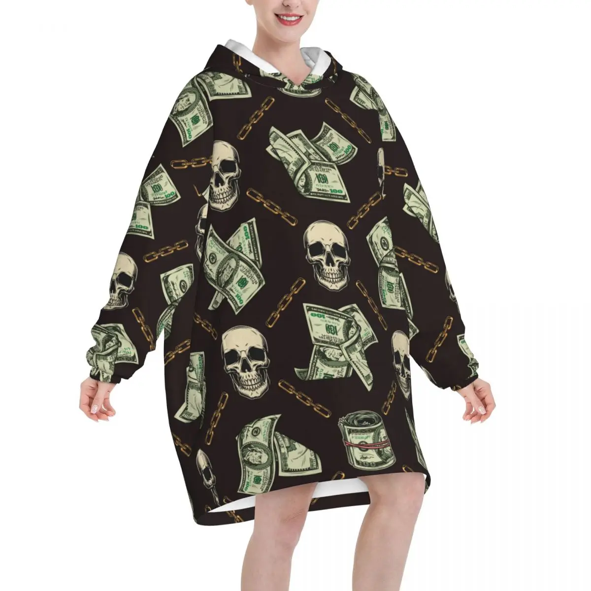 Skulls Gold Chains American Currency Banknotes Oversized Blanket Hoodie Women Men Wearable Fleece Pullover Soft Warm Cozy