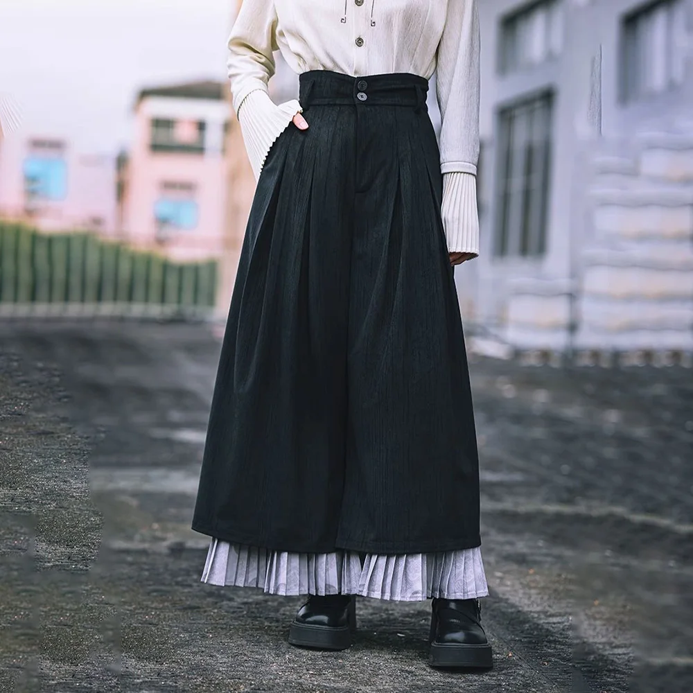 Y2k Dark Gothic Pleated Skirt Pants Spring Genderless Fashion Japanese Campus All-Match Casual Samurai Pants Hakama Unisex 2025
