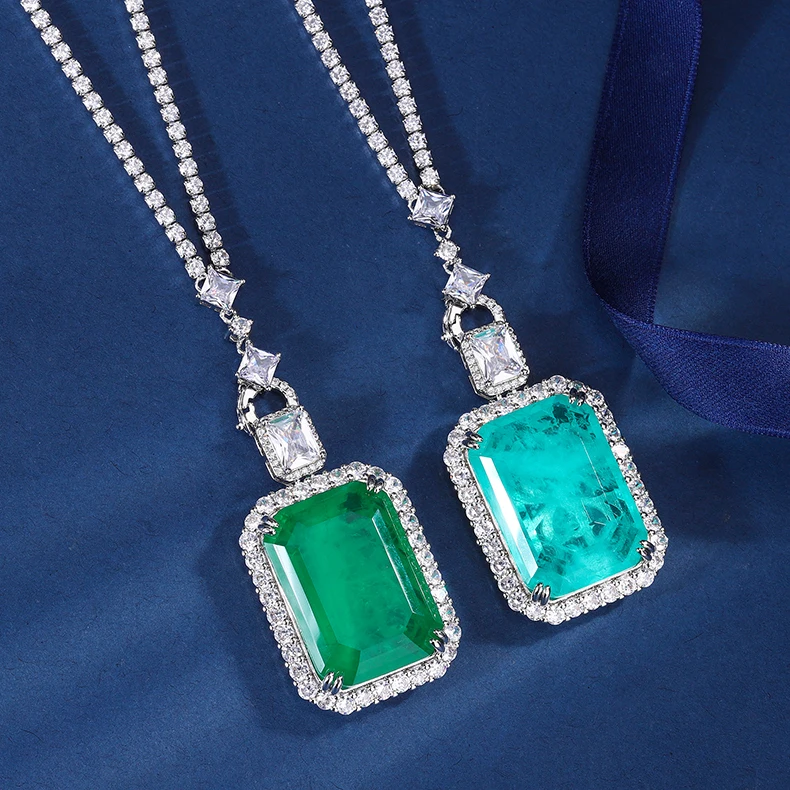 

EYIKA Brazil 28*20mm Rectangle Green Blue Paraiba Tourmaline Pendant Zircon Tennis Chain Necklace Luxury Party Jewelry For Women