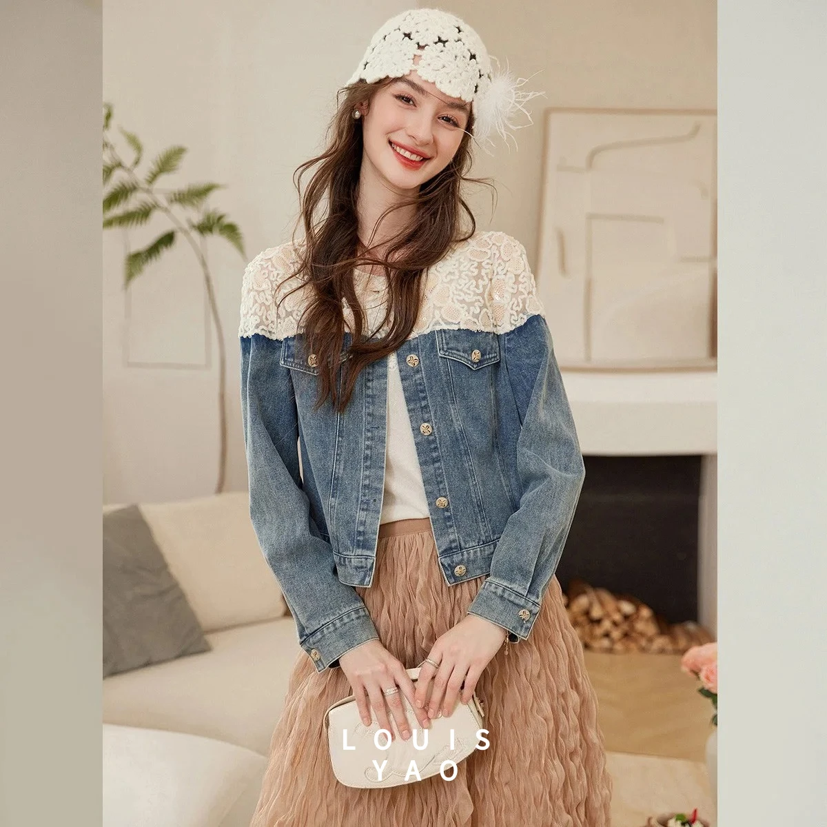 

LOUISYAO Lace-Up Embroidered Patchwork Denim Jacket 2025 Autumn Jeans Coat Fashion Design Round Neck Women's Cardigan