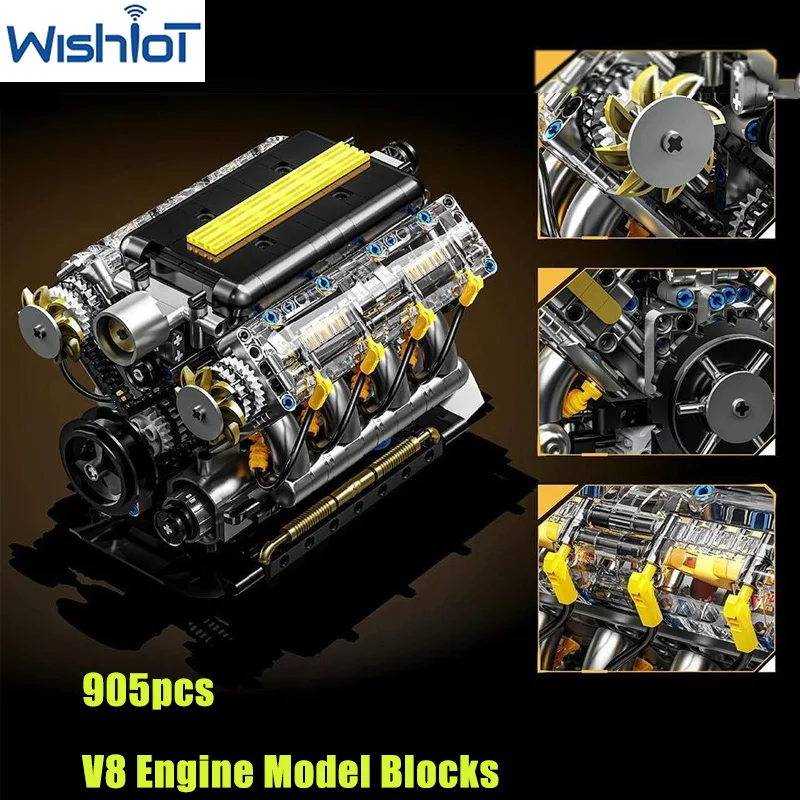 

Механическая модель двигателя V8, строительные блоки MOC с двигателем, собранные, коллекционные украшения, автозапчасти, игрушки, маленькие кирпичи, подарки для мальчиков