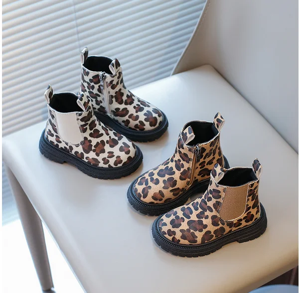 Boys Boots Leopard Prints Classic Little Kids Ankle Boots Side Zipper Fashion Classic Unisex Girls Rubber Boots Breathable Warm