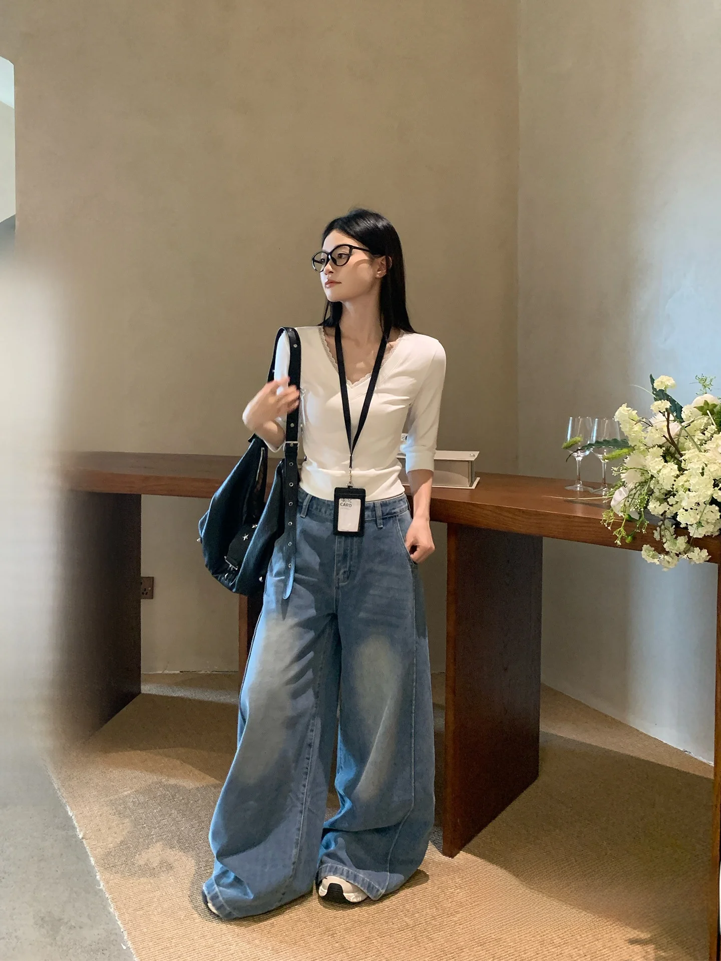 

Синие прямые джинсы Sli, женские повседневные свободные широкие брюки с высокой талией, модные осенние корейские дизайны Sensation