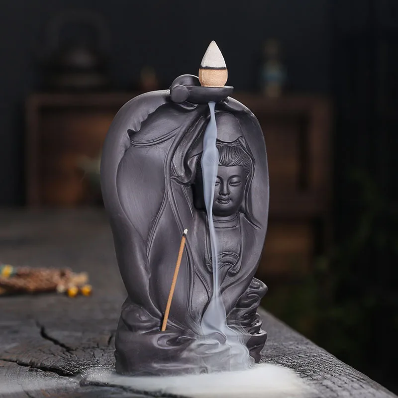 Purple Clay Backflow Incense Burner Creative Bodhi Leaf Tathagata Guanyin Buddha Statue Backflow Incense Aromatherapy Burner Hom