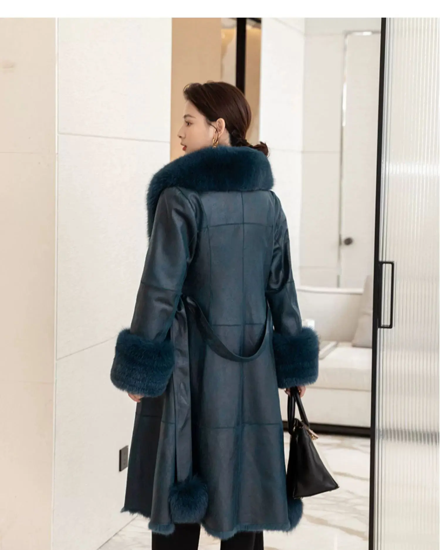 2023 New Rabbit Fur One Piece Coat for Women Mid length Fox Fur Collar Lace up Slim Fit Haining Fur Coat for Women