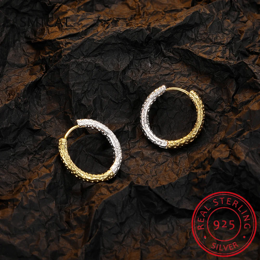 Real 925 Sterling Silver Textured Round Earrings for Women Girls Korean Fashion Vintage Jewelry Friends Gift Party image 3