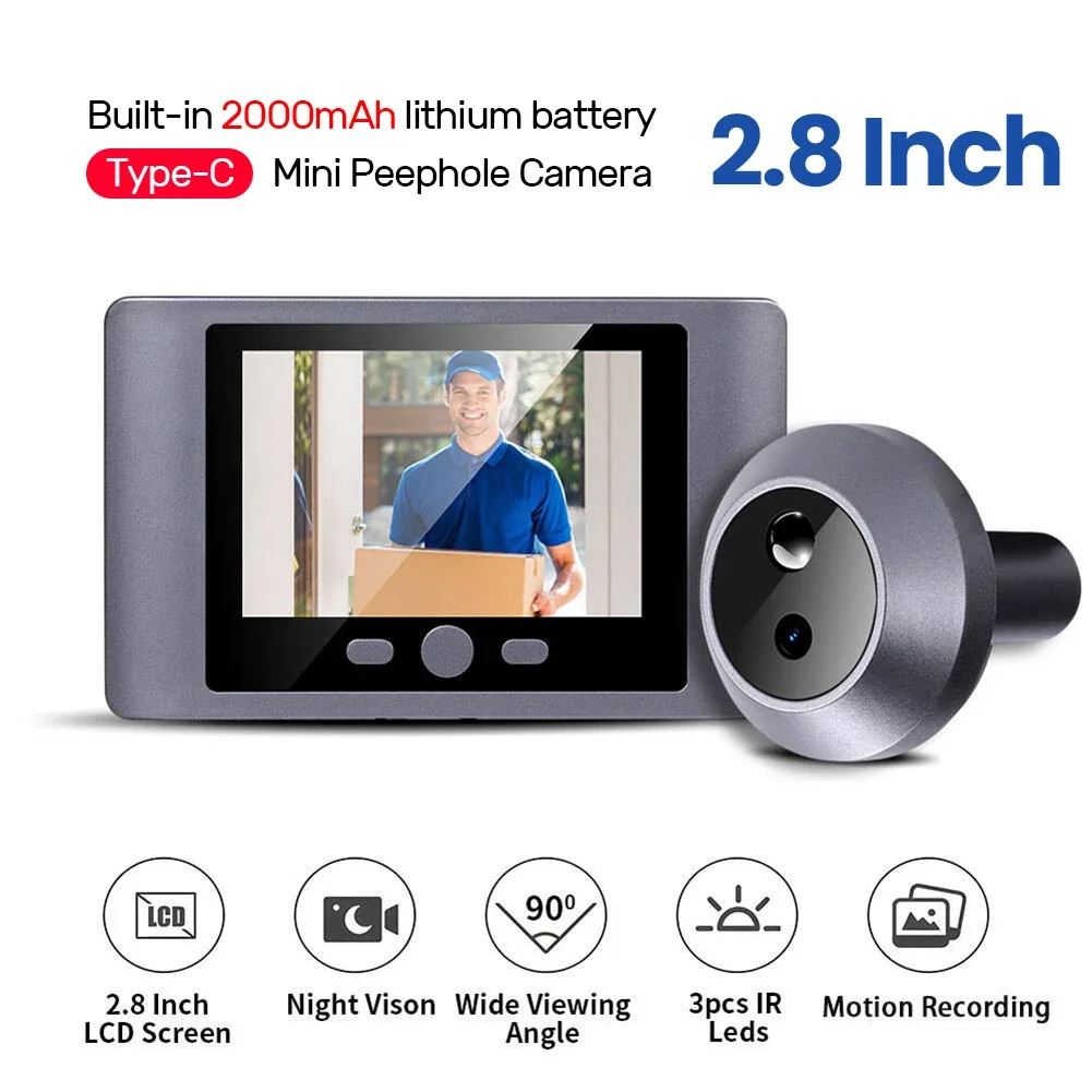 

Мини-камера-глазок для двери с беспроводным подключением, PIR-датчиком движения, ночным видением ИК и экраном 2,8 дюйма, 2000 мАч