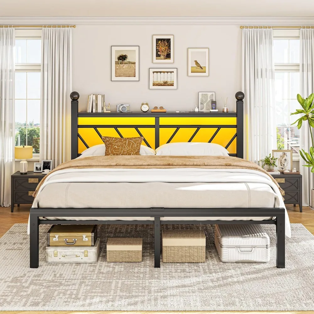 Queen Size Metal Bed Frame with Charging Station & LED Light, Customized
