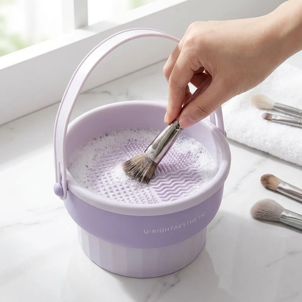 Seau de nettoyage pliable pour pinceaux de maquillage - Matériau TPR+PP, tampon de nettoyage en silicone intégré, surface multi-texturée