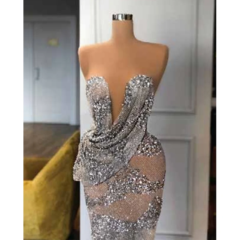 

Luxury Sexy Silver Mermaid Prom Dress Floor-Length Sequined Crystal Formal Evening Party Gown Custom Made 2022 Robes De Soirée