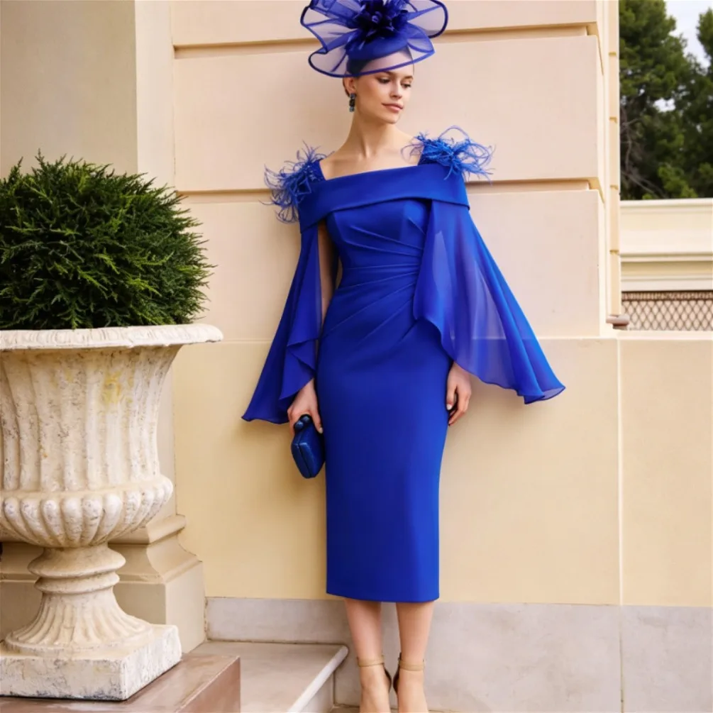 

Customized Royal Blue Off Shoulder Feather Cape Sleeve Bodycon Mother Of Bride Dress Ruched Formal Wedding Guest Gowns