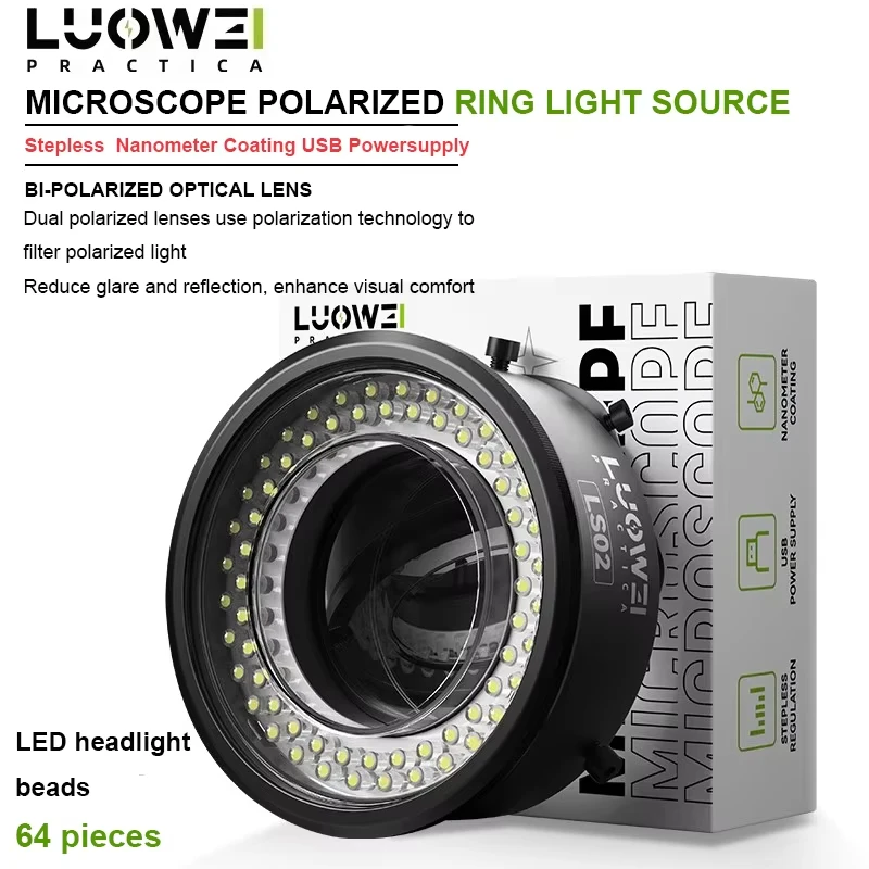 Luowei LW-LS02 64 LED Microscope Polarized Ring Light 61mm, Anti Glare Illumination Source for Stereo Microscope Ring Lamp
