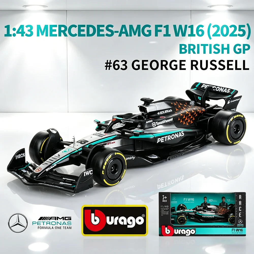 Bburago 1:43 F1 Mercedes-AMG 2025 Britischer Grand Prix W16 # 63 George Russell # 12 Kimi Antonelli Legierung Auto Druckguss-Modell Spielzeug