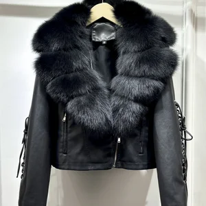نسائي الثعلب الحقيقي طوق الفراء فو جلد جاكيت خمر طية صدر السترة مفجر فضفاض معطف PU نسائي سحاب كبير خريف شتاء 2022 أعلى 8 مبيعات معطف فرو الثعلب الحقيقي - No7