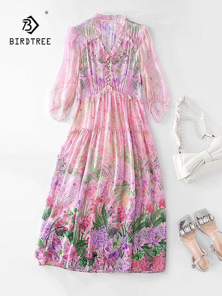 BirdTree, 100%Real Silk Elegant Dresses, Women Half Sleeve Flower Printed, French Temperament Chic Dress, 2024 Summer D44625QC