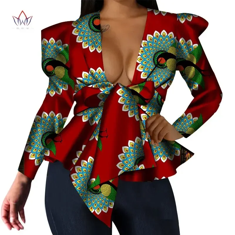 Africa Style Women Modern Fashion Women Tops Dashiki African Print Tops Shirt Sexy V Neck Women Clothing Long Sleeve Coat WY5782