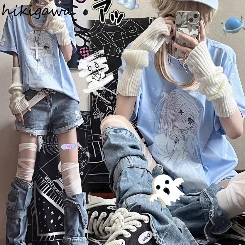 Japońskie Anime koszulki damskie z krótkim rękawem z okrągłym dekoltem letnie koszulki modne casualowe T-shirty urocze swetry typu oversize 2024