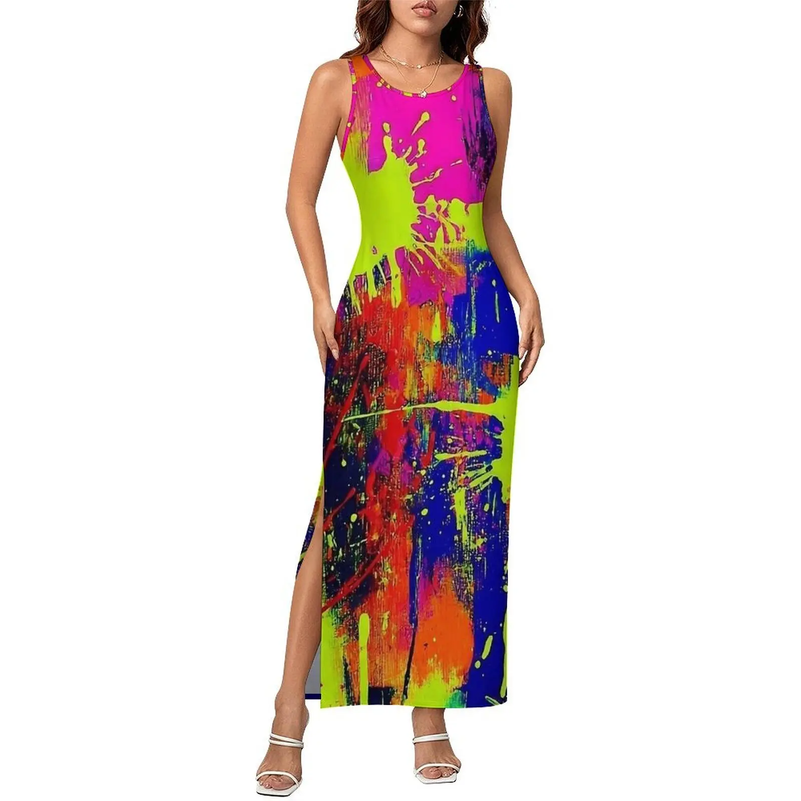 Neon Splash Pop Print Dress Sleeveless  Casual Maxi Dresses Summer Aesthetic Graphic Bodycon Dress Big Size 3XL 4XL