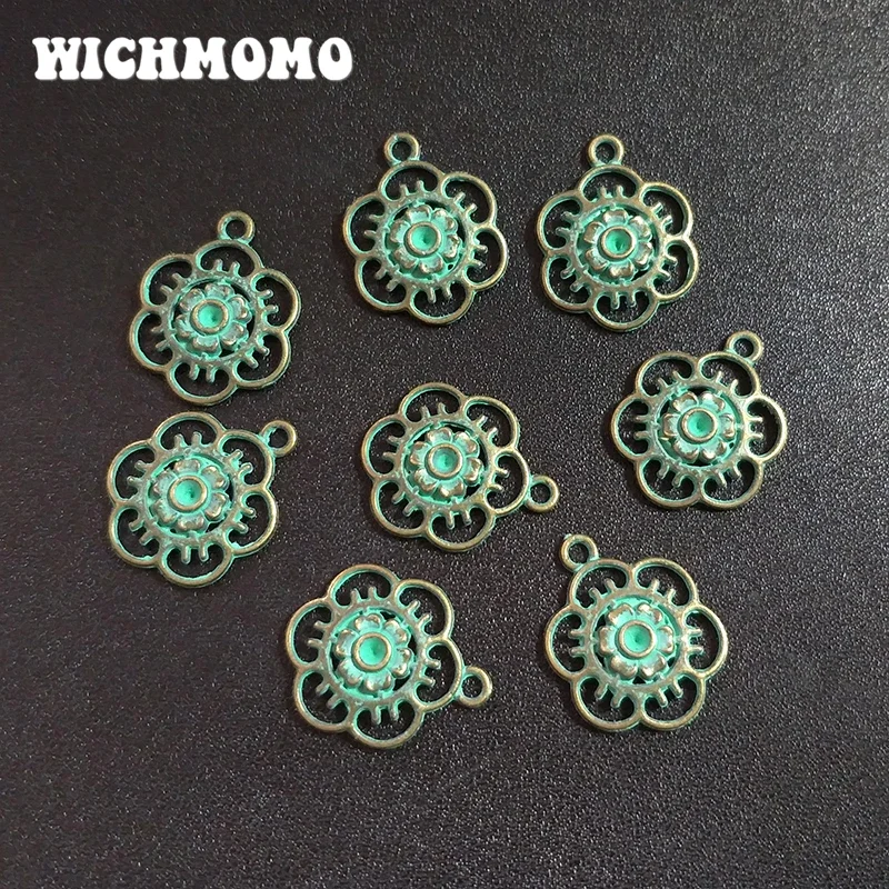 New 30pcs/bag 17MM Round Retro Patina Plated Zinc Alloy Green Flowers Charms Pendants for DIY Handmade Jewelry Accessories