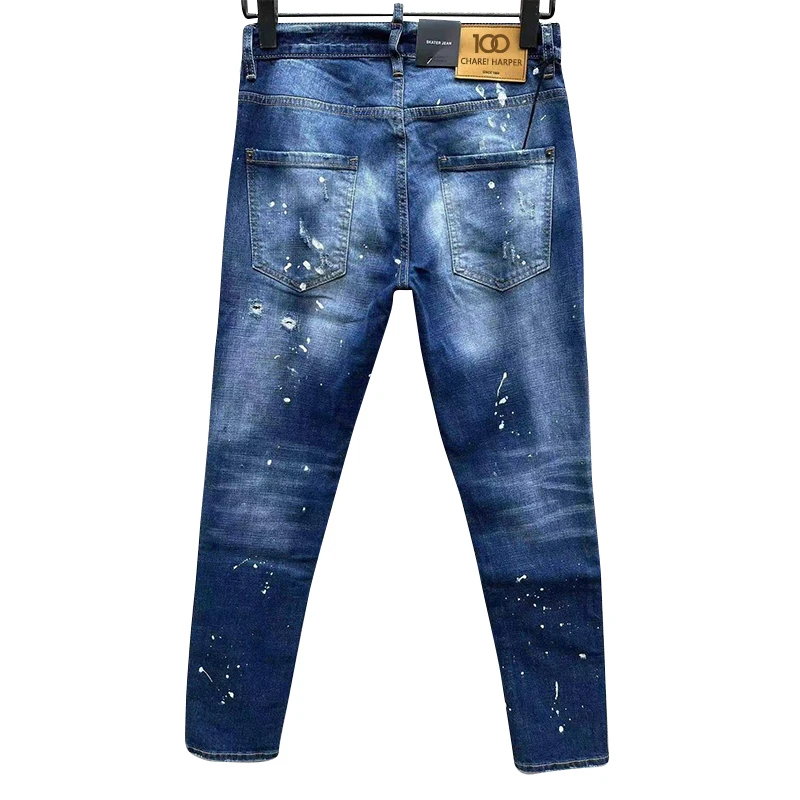 Chareiharper-Jeans rasgado slim-fit masculino, calça stretch branca, calça jeans masculina, splatter de tinta, 100%