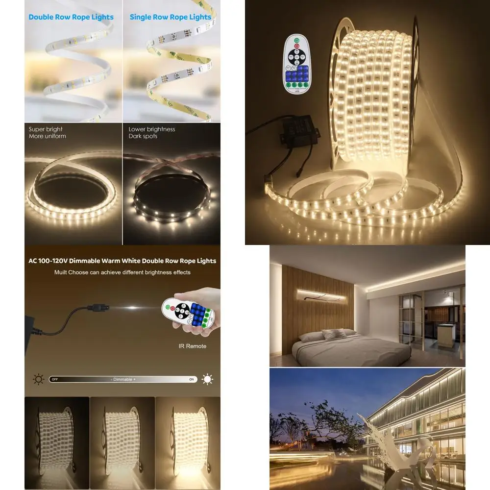 

40M Waterproof Outdoor LED Rope Light, 131FT Dimmable Warm White, Plug-in with Remote for Garden, Patio, Indoor/Outdoor Decor