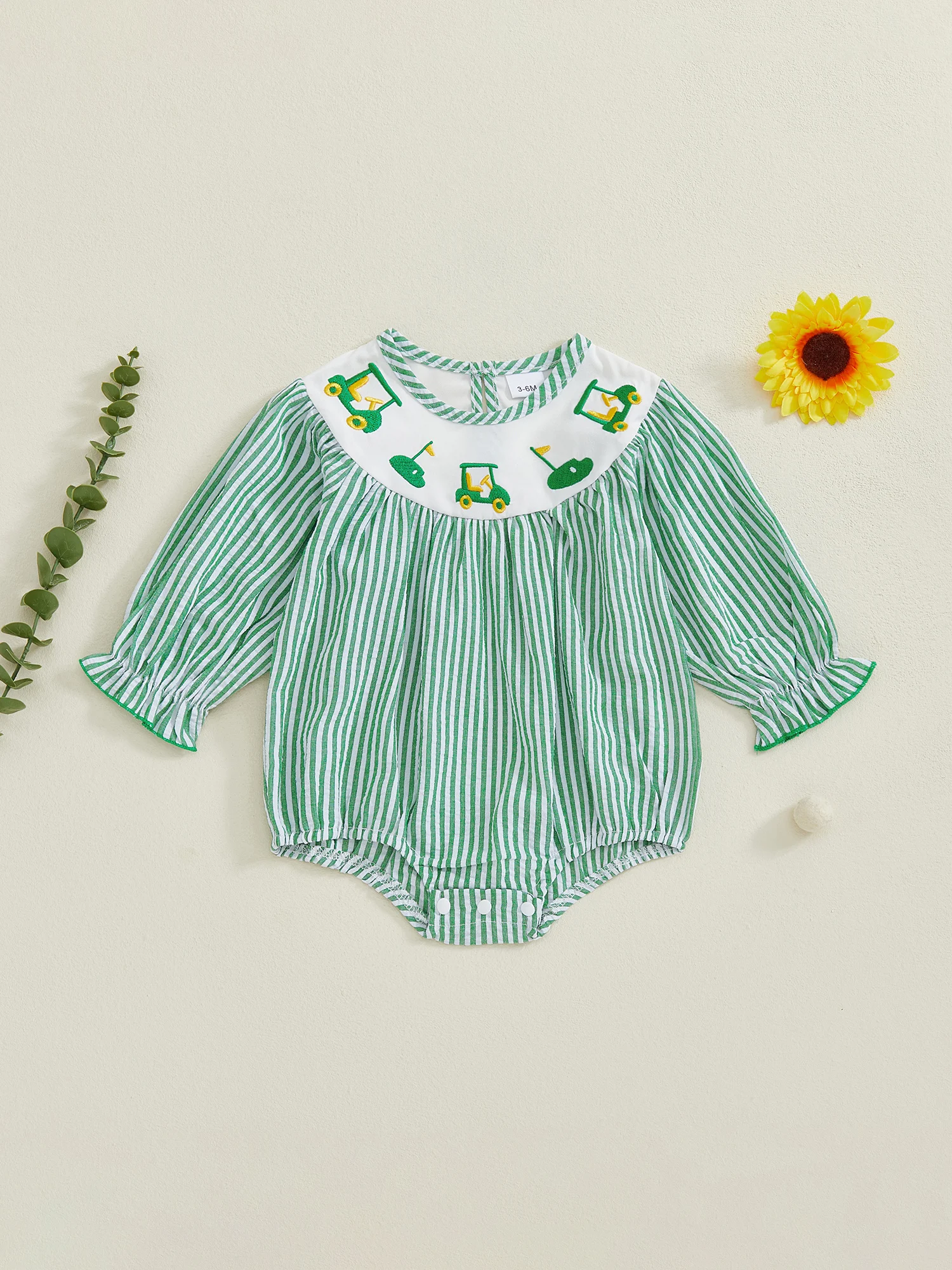

Infant Striped Romper with Cute Golf Cart Embroidery Long Sleeve Round Neck Bubble Jumpsuit for Baby Boys and Girls Fall