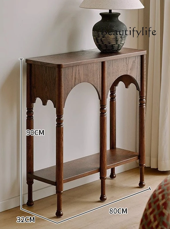 

French retro solid wood porch cabinet is facing the door at home, the ultra-narrow corridor enters door with simple decoration.