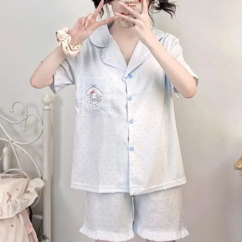 

Милая пижама Sanrio Hello Kitty, женская пижама с шортами и коротким рукавом, ночная рубашка с милым мультяшным принтом, летний домашний комплект одежды, новинка