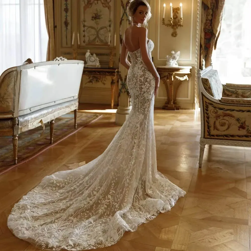 カスタマイズされたベル取り外し可能なトレインマーメイドウェディングドレスセクシーな恋人ローブレースアップリケグリッターパール Vestido ブライダルガウン