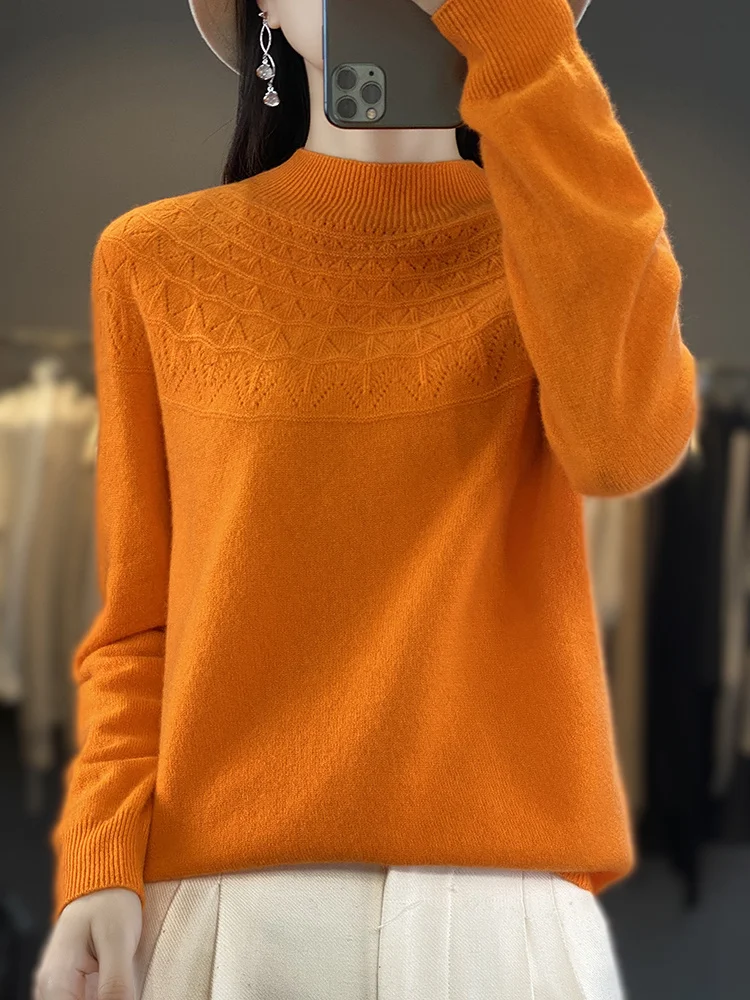 Spring Autumn New Women Pullover Mock-neck Basic Sweater 100% Merino Wool Hollow Solid Cashmere Knitwear Female Bottoming Shirt