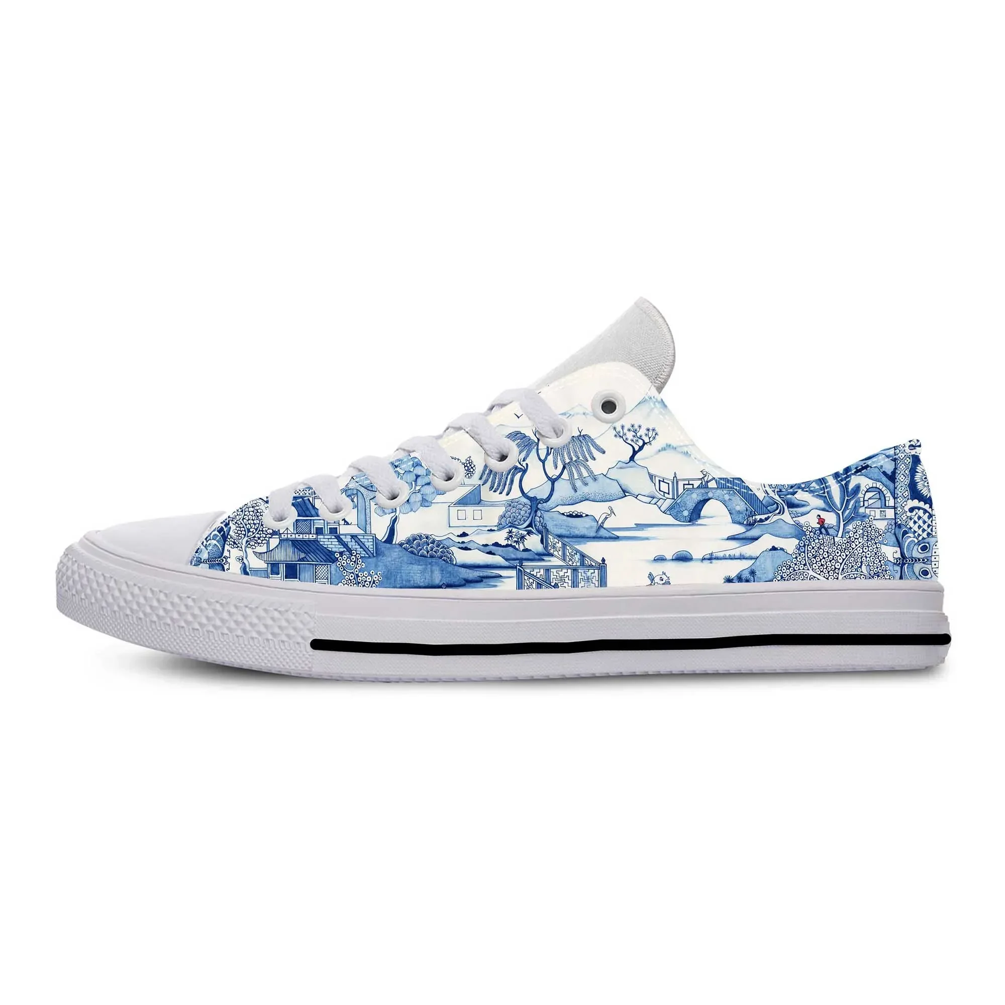 Blue White Willow Pagoda Chinoiserie China Pattern Casual Cloth Shoes Low Top Comfortable Breathable 3D Print Men Women Sneakers