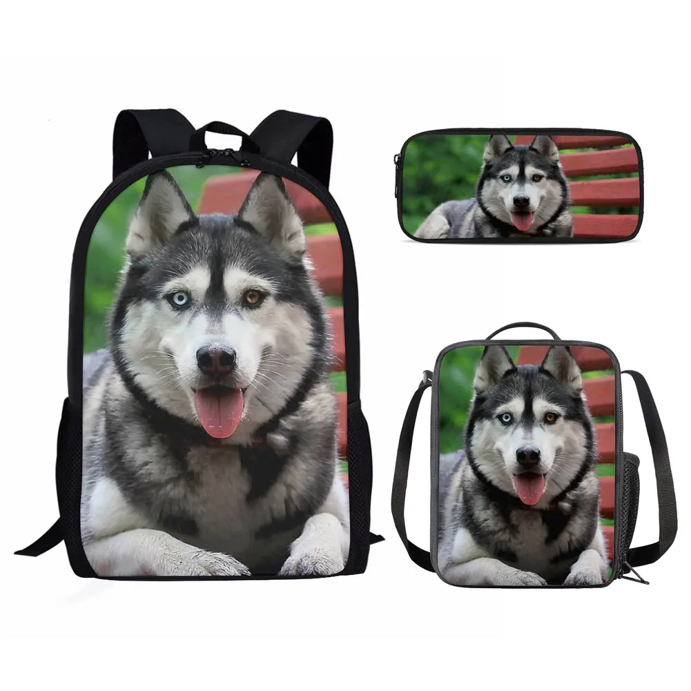 Cute Husky Dog Bulldog Print 3Pcs School Bag Set for Teenager Boys Girls Student Daily Campus Book Bag with Lunch Bag Pencil Bag