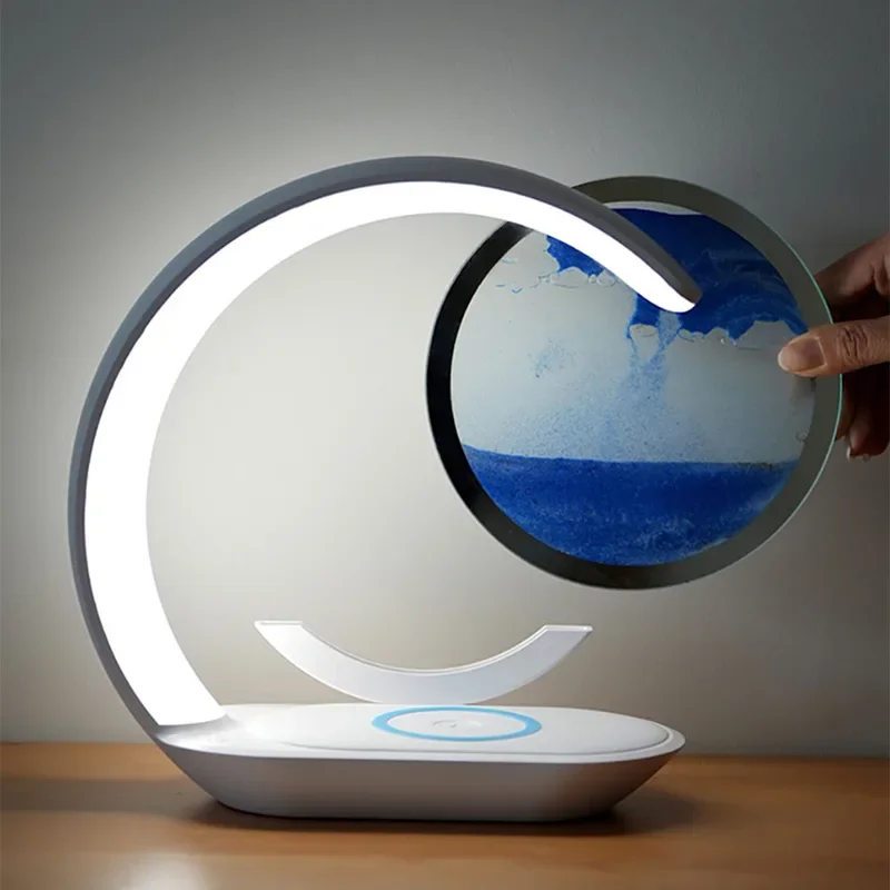 Quicksand table lamp USB Wireless charging desk lamp 3D hourglass ornaments sand painting night light office room decoration