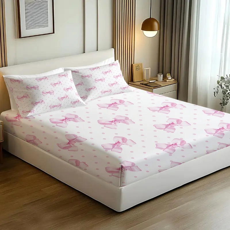 3Pcs Fitted Sheet Set,Trendy Bow Polka Dot Print,Elastic Deep Pocket Bedding,Skin-Friendly Machine Washable,Cute Bedroom Decor