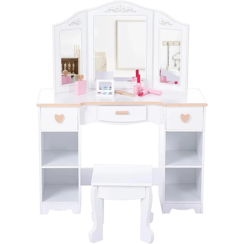 

Kids White Makeup Table with Mirror, Stool, and Wooden Play Makeup Accessories - Princess Vanity Set