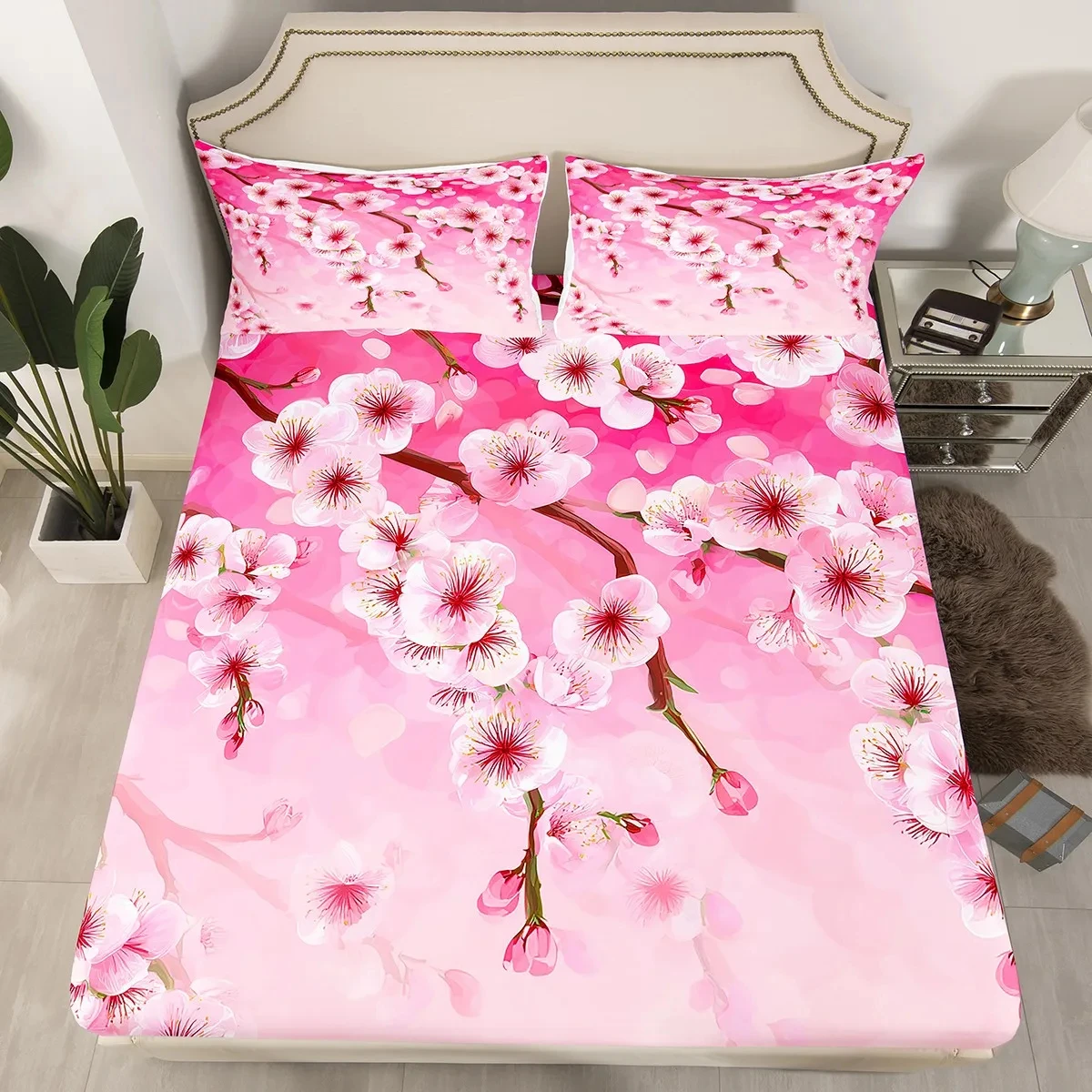 Cherry Blossom Bed Sheet Set Sakura Flowers Branch Fitted Sheet with Deep Pocket Japanese Spring Pink Floral Bedding Set Queen