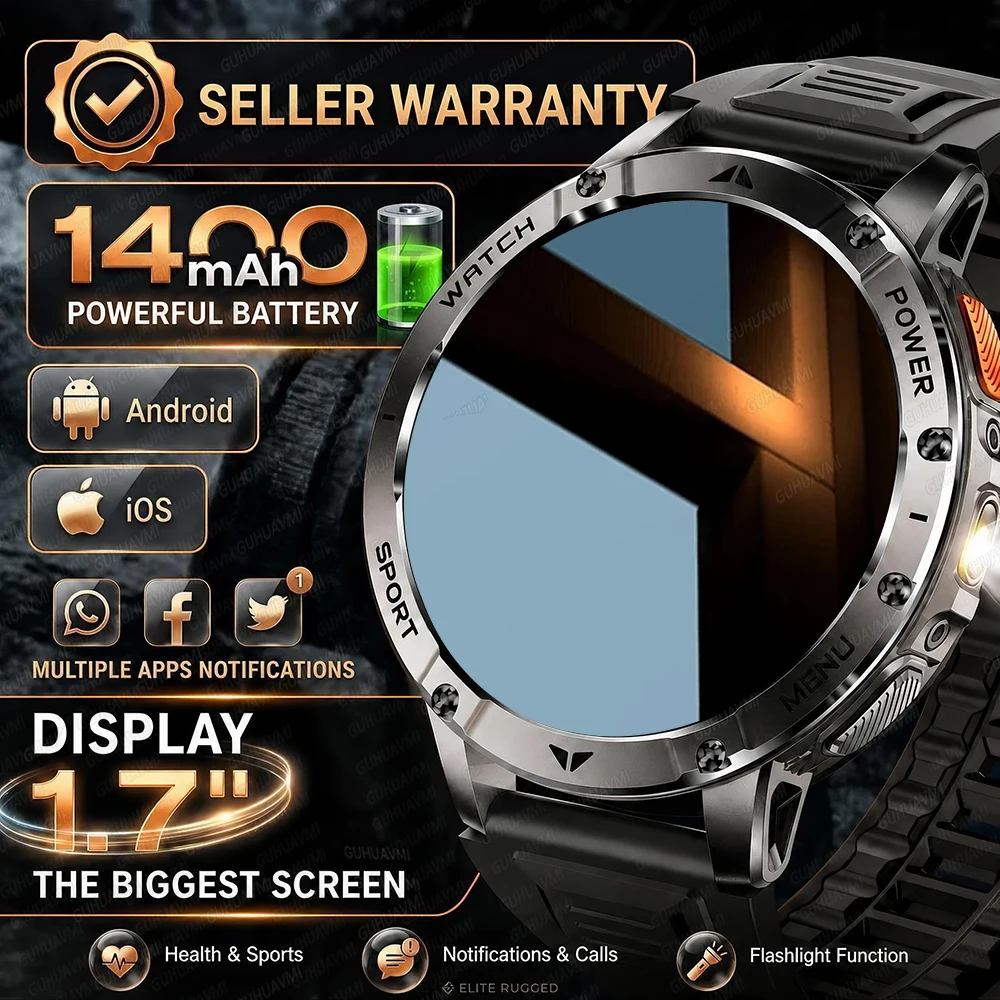 2026New TANK Outdoor Smart Watch 1.7" HD AMOLED 1400mAh Battery LED Flashlight Heart Rate Voice Call Sports Men Fitness Bracelet